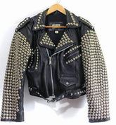 Men's Full Black Brando Punk Silver Spiked Studded Cowhide Leather Jacket Silver Studs Belted Front Zipper Biker Style fashion